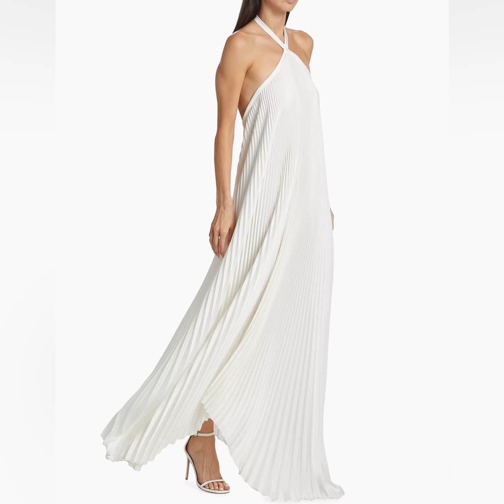 L’Idée Asymmetric Pleated Halter Gown in Ivory